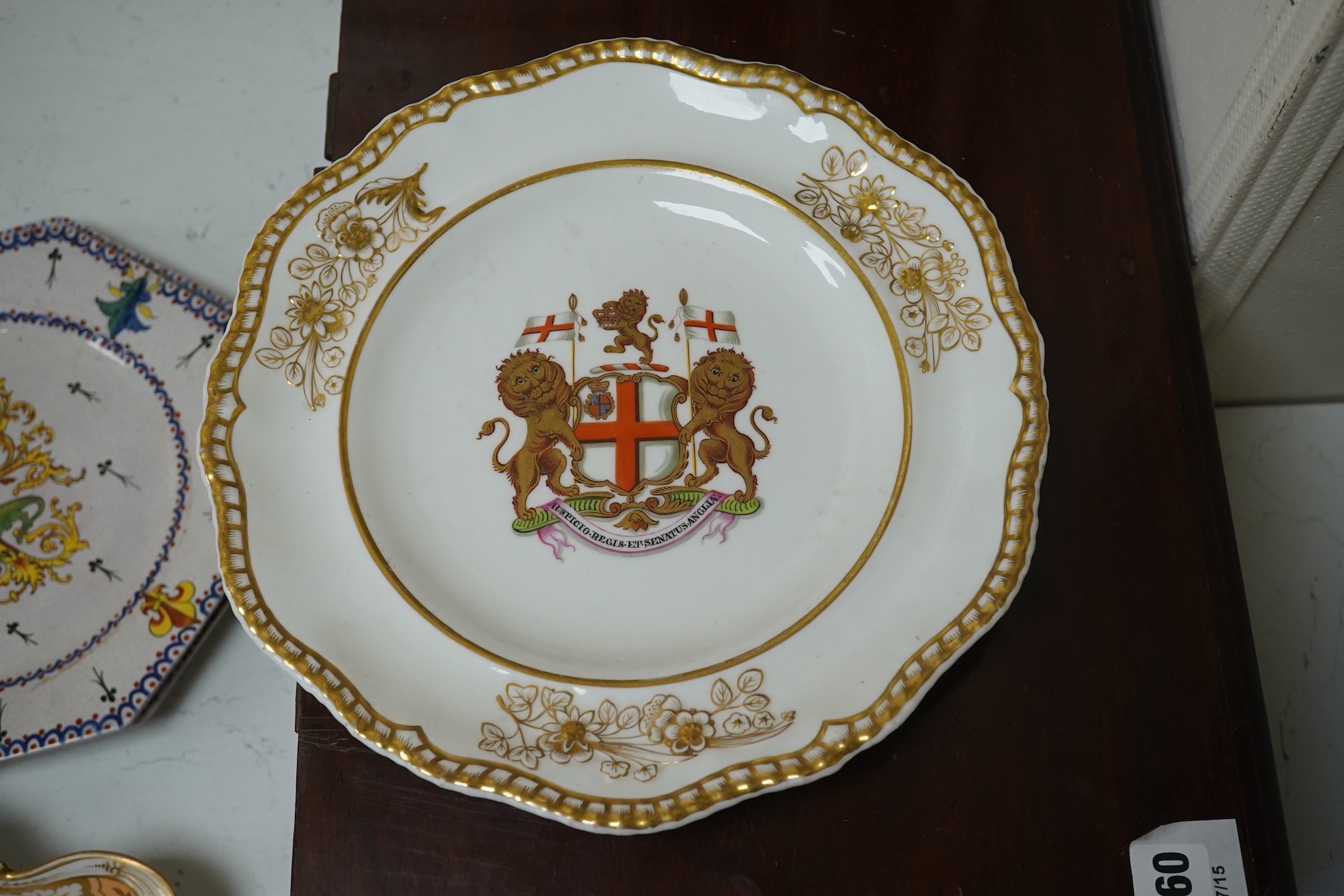 A Chamberlains Worcester armorial dessert dish, and a Spode armorial plate ‘The London’, c.1825 (produced for the Captain of the Ship 'The London’), both bearing the arms of the British East India Company, together with